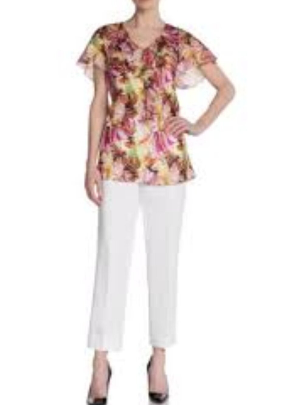 Lafayette 148 Silk Tropical Print V Neck Flutter Sleeve Blouse Size 8 NWT $328